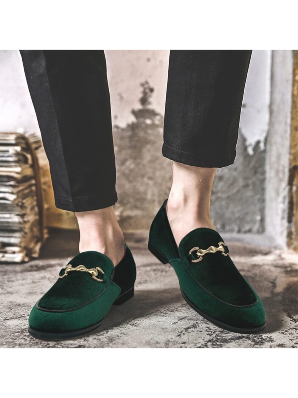 Men's Green Velvet Glitter Suede Gold Bit Slip On Loafer Slipper Dress Shoes - Picture 2 of 6